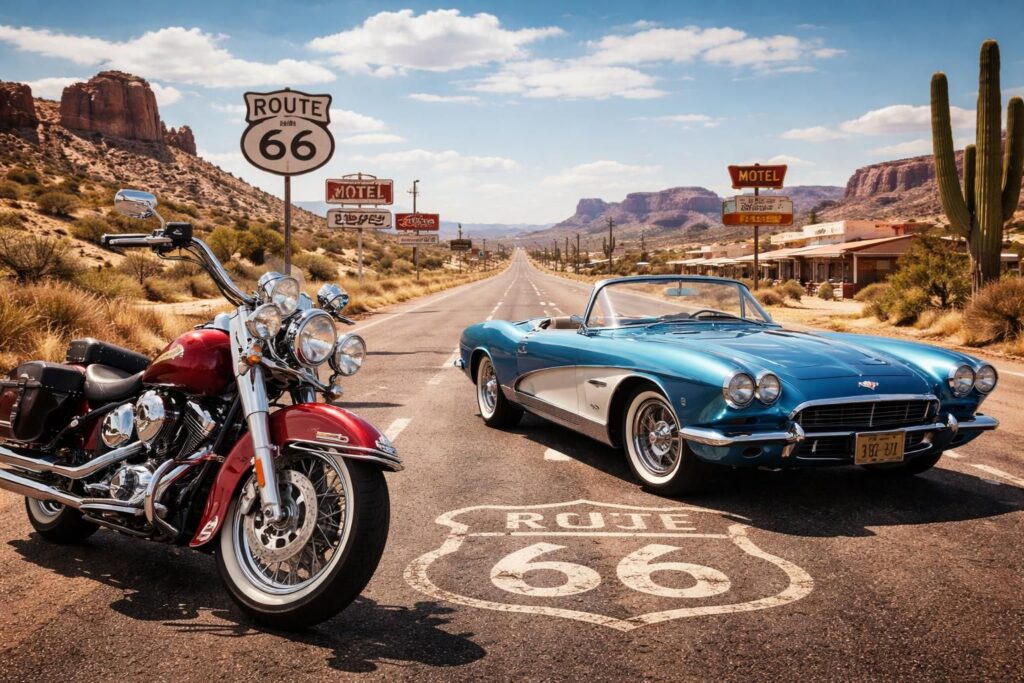 découvrez un roadtrip unique sur la légendaire route 66 à bord de motos harley davidson et voitures chevrolet corvette, symboles mythiques de l'amérique.