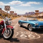 découvrez un roadtrip unique sur la légendaire route 66 à bord de motos harley davidson et voitures chevrolet corvette, symboles mythiques de l'amérique.